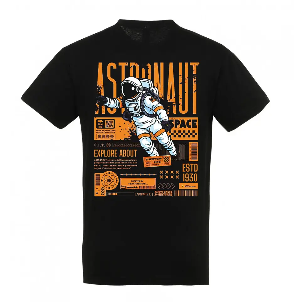 AstronautBack Μαύρο unisex t-shirt με στάμπα Astronaut σε πορτοκαλί και λευκό space streetwear σχέδιο.