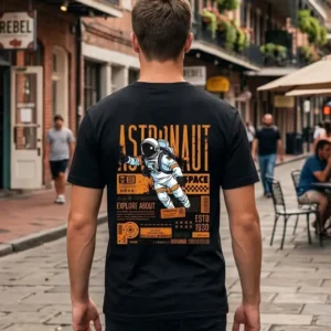 Μαύρο unisex t-shirt με στάμπα Astronaut σε πορτοκαλί και λευκό space streetwear σχέδιο.