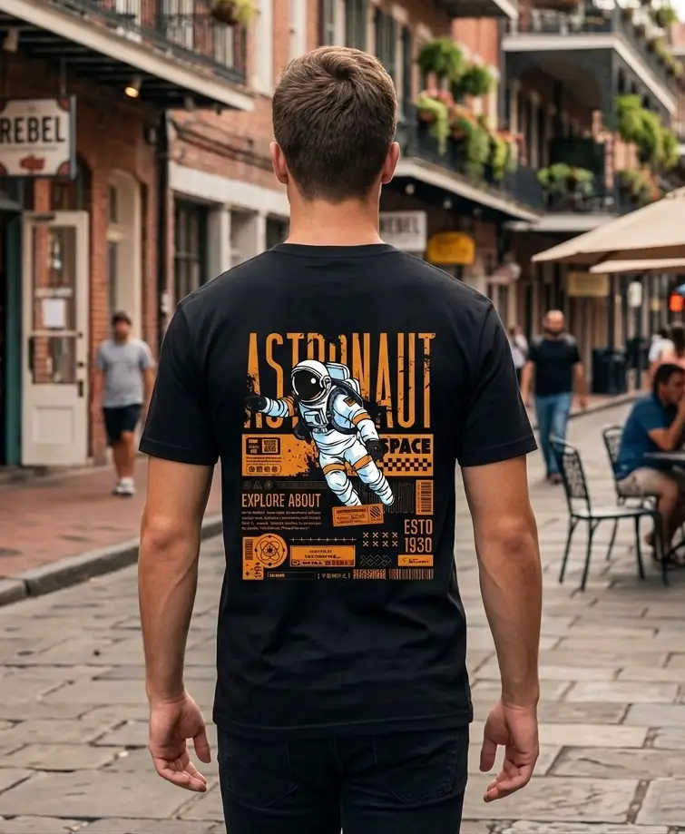 AstronautModelBack Μαύρο unisex t-shirt με στάμπα Astronaut σε πορτοκαλί και λευκό space streetwear σχέδιο.