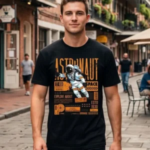 Μαύρο unisex t-shirt με μεγάλη στάμπα αστροναύτη και πορτοκαλί urban space graphic.