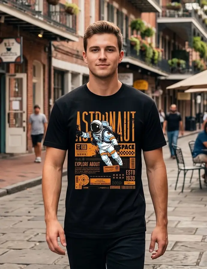 AstronautModelFront Μαύρο unisex t-shirt με μεγάλη στάμπα αστροναύτη και πορτοκαλί urban space graphic.