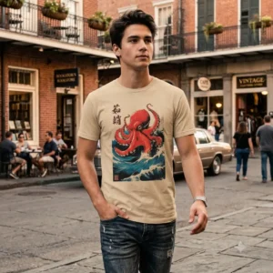 Unisex t-shirt με στάμπα χταπόδι σε μπεζ (sand) χρώμα, ιαπωνικό design Octopus Wave