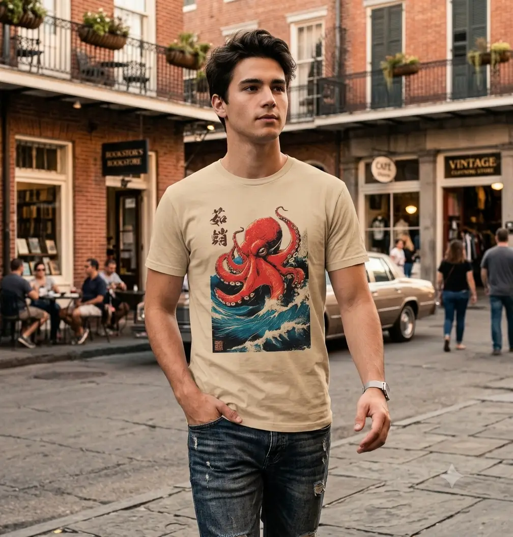 Octapus T-shirt Unisex t-shirt με στάμπα χταπόδι σε μπεζ (sand) χρώμα, ιαπωνικό design Octopus Wave