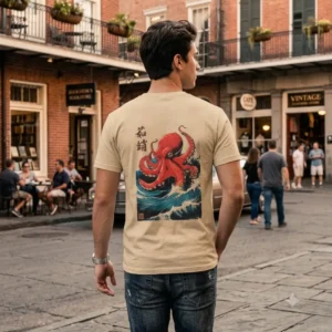 Πίσω όψη μπεζ t-shirt με στάμπα χταπόδι Octopus Wave, Stabastic