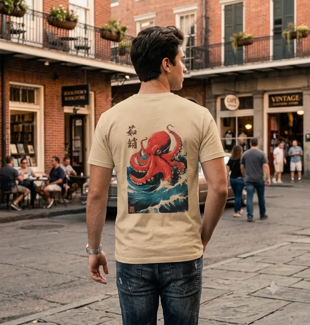 Octapus T-shirt Πίσω όψη μπεζ t-shirt με στάμπα χταπόδι Octopus Wave, Stabastic