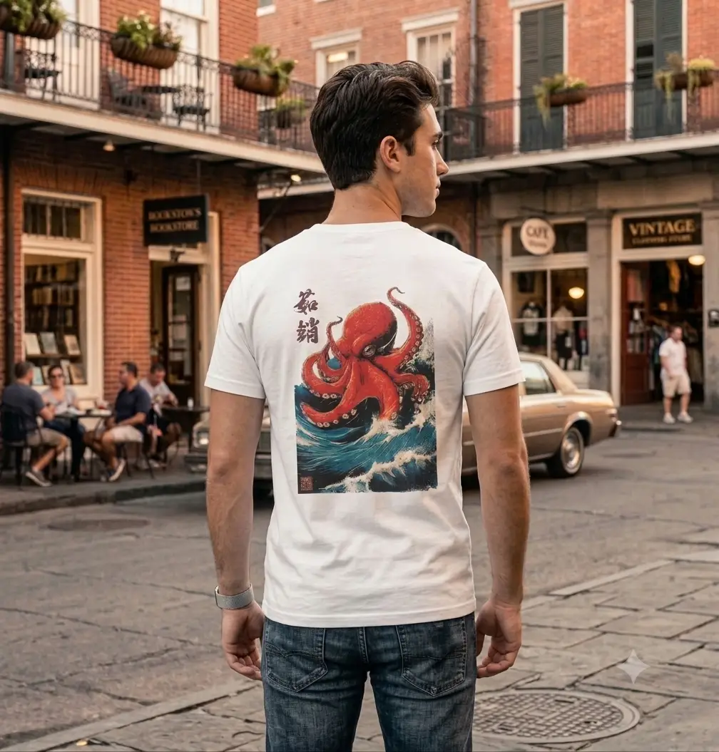 Octapus T-shirt Πίσω όψη λευκού t-shirt με στάμπα χταπόδι και κύματα, Stabastic streetwear