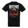 RestartTheFutureBack Μαύρο unisex t-shirt με στάμπα Restart The Future σε λευκό και κόκκινο cyberpunk σχέδιο με power button.