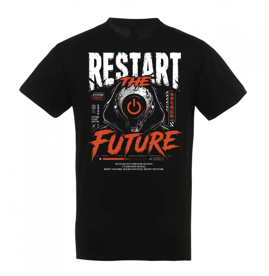 RestartTheFutureBack Μαύρο unisex t-shirt με στάμπα Restart The Future σε λευκό και κόκκινο cyberpunk σχέδιο με power button.
