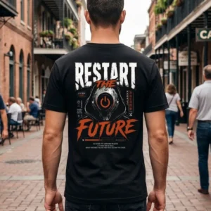 Μαύρο unisex t-shirt με στάμπα Restart The Future σε λευκό και κόκκινο cyberpunk σχέδιο με power button.