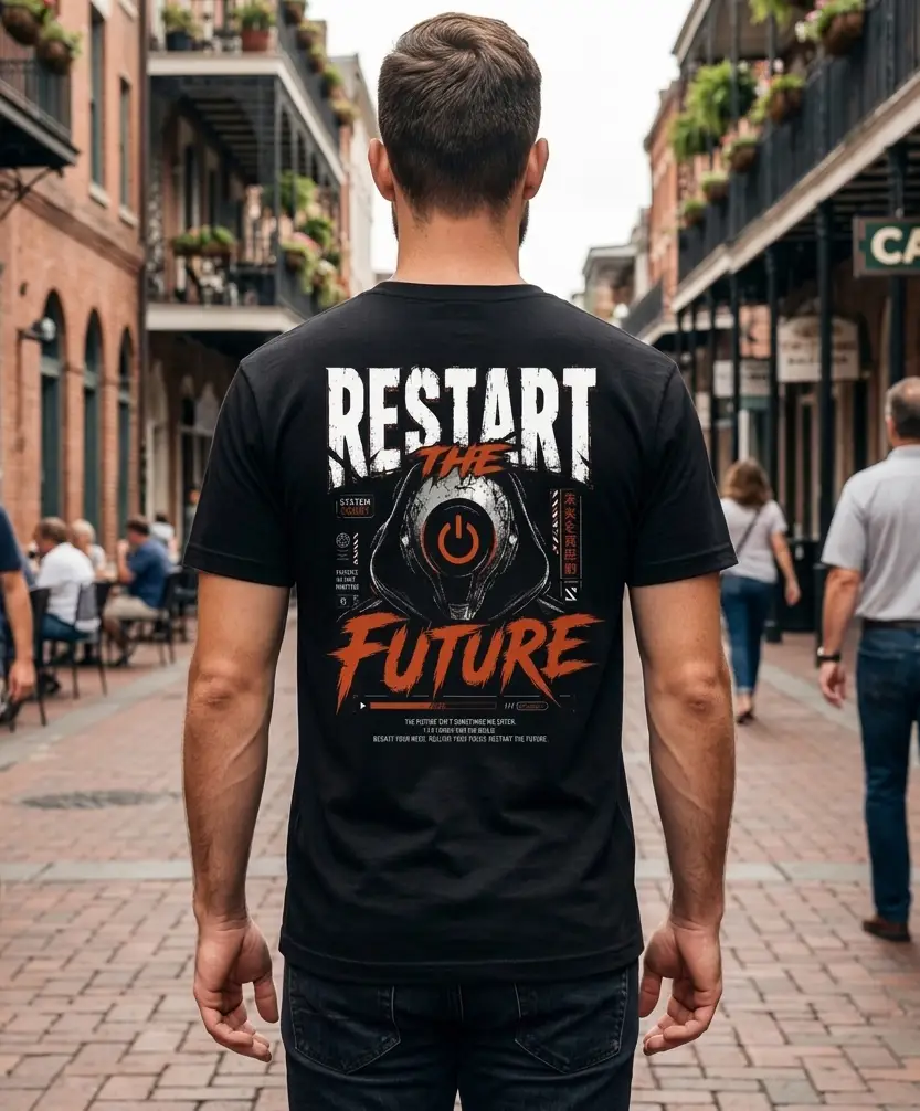 RestartTheFutureBackModel Μαύρο unisex t-shirt με στάμπα Restart The Future σε λευκό και κόκκινο cyberpunk σχέδιο με power button.