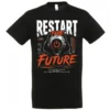 RestartTheFuturefront Μαύρο unisex t-shirt με μεγάλη στάμπα Restart The Future και futuristic graphic σε κόκκινο, λευκό και μαύρο.