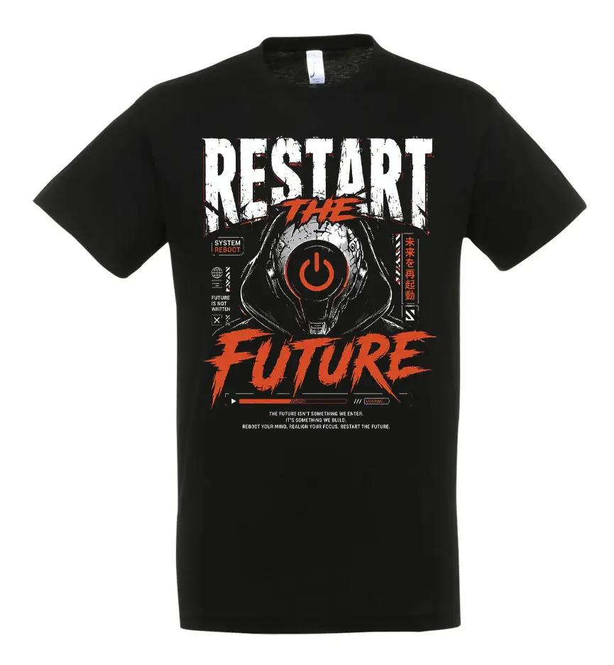 RestartTheFuturefront Μαύρο unisex t-shirt με μεγάλη στάμπα Restart The Future και futuristic graphic σε κόκκινο, λευκό και μαύρο.