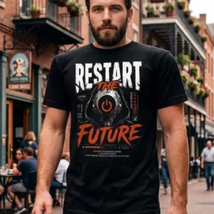 Μαύρο unisex t-shirt με μεγάλη στάμπα Restart The Future και futuristic graphic σε κόκκινο, λευκό και μαύρο.