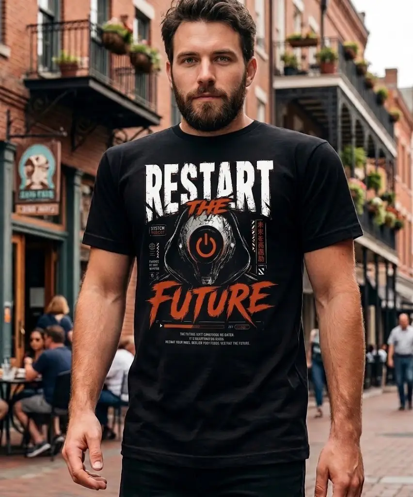 RestartTheFuturefrontModel Μαύρο unisex t-shirt με μεγάλη στάμπα Restart The Future και futuristic graphic σε κόκκινο, λευκό και μαύρο.