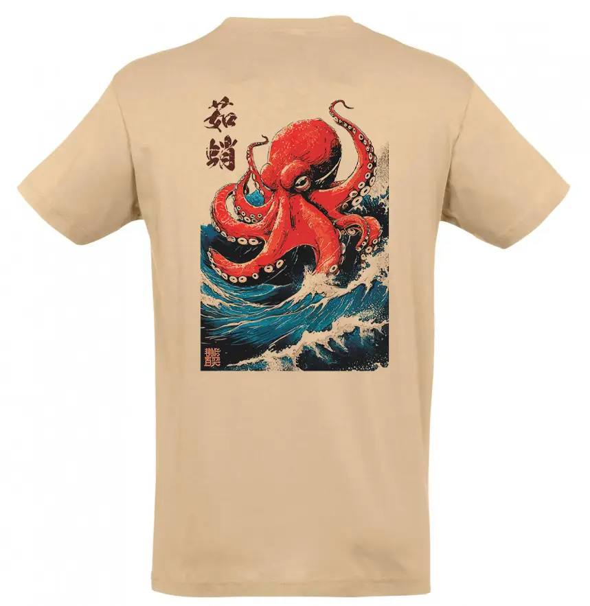 t-shirt Sand Πίσω όψη μπεζ t-shirt με στάμπα χταπόδι Octopus Wave, Stabastic