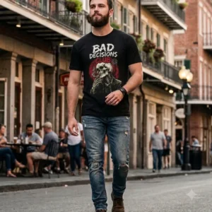 Μαύρο t-shirt με στάμπα Bad Decisions Club, σκελετός με τσιγάρο, πίσω όψη