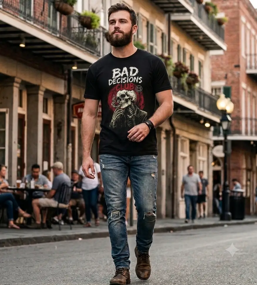 Μαύρο t-shirt με στάμπα Bad Decisions Club Μαύρο t-shirt με στάμπα Bad Decisions Club, σκελετός με τσιγάρο, πίσω όψη