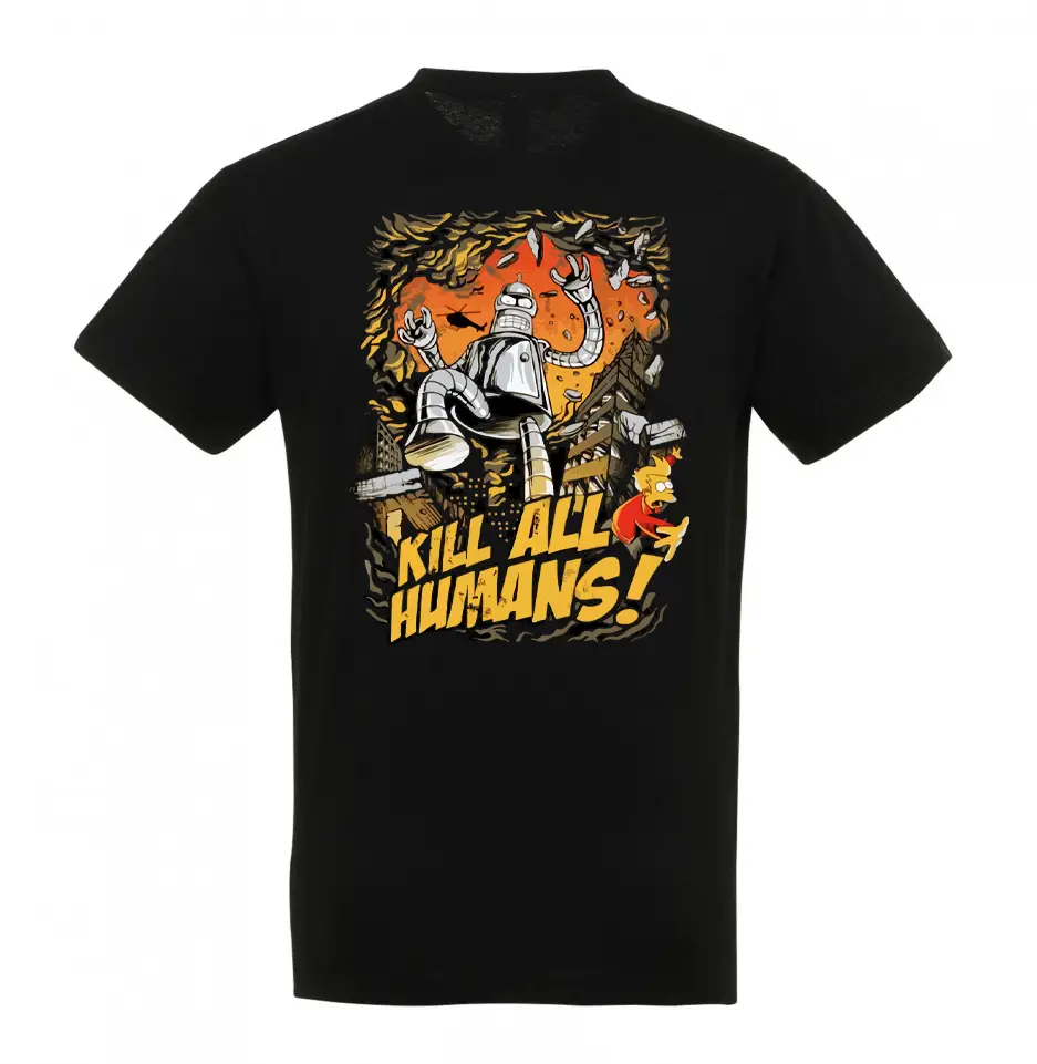 Unisex μαύρο t-shirt με στάμπα Bender Πίσω όψη από μαύρο unisex t-shirt Bender Kill All Humans
