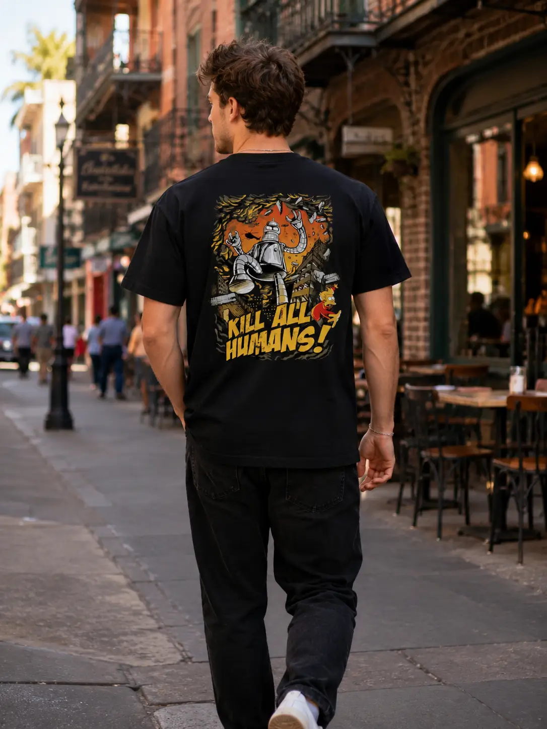 Unisex μαύρο t-shirt με στάμπα Bender Πίσω όψη από μαύρο unisex t-shirt Bender Kill All Humans