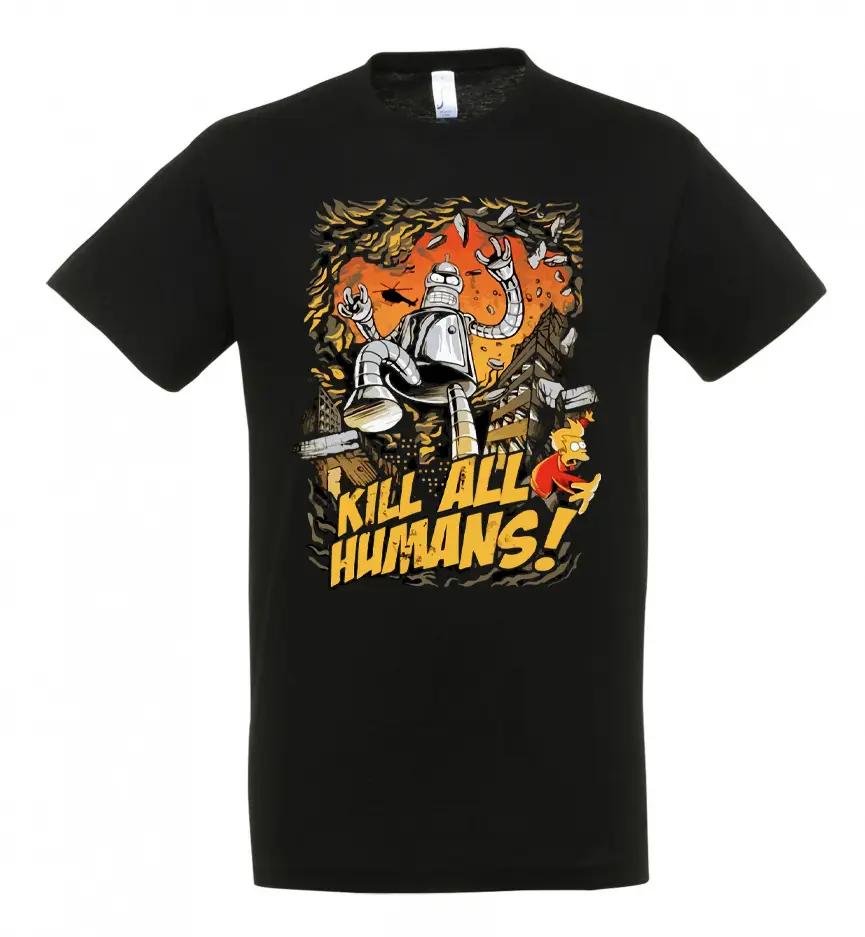 Unisex μαύρο t-shirt με στάμπα Bender Unisex μαύρο t-shirt με στάμπα Bender Kill All Humans σε comic σχέδιο και DTF εκτύπωση υψηλής ποιότητας.