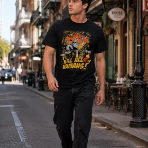 Unisex μαύρο t-shirt με στάμπα Bender Kill All Humans σε comic σχέδιο και DTF εκτύπωση υψηλής ποιότητας.