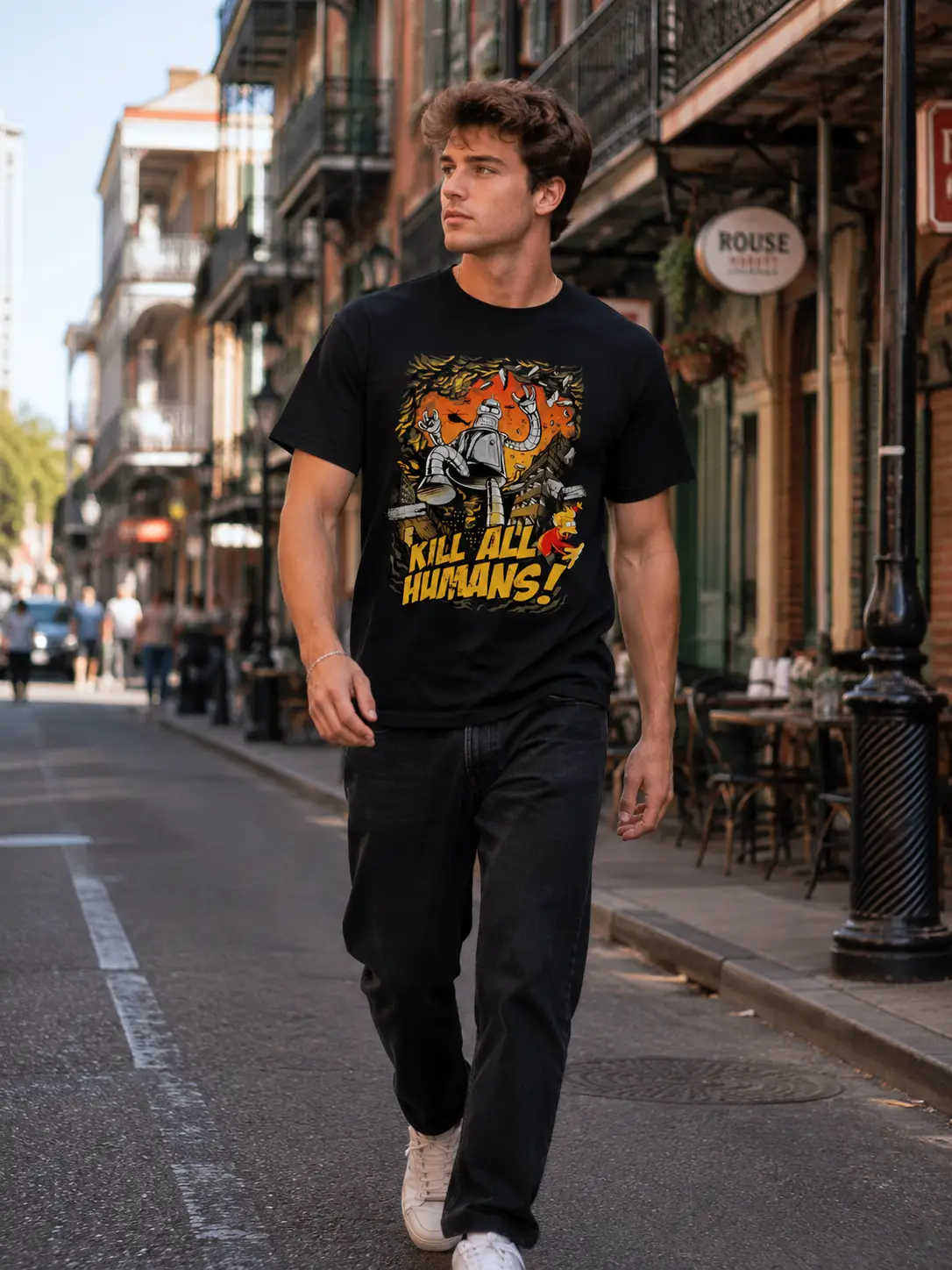 Unisex μαύρο t-shirt με στάμπα Bender Unisex μαύρο t-shirt με στάμπα Bender Kill All Humans σε comic σχέδιο και DTF εκτύπωση υψηλής ποιότητας.