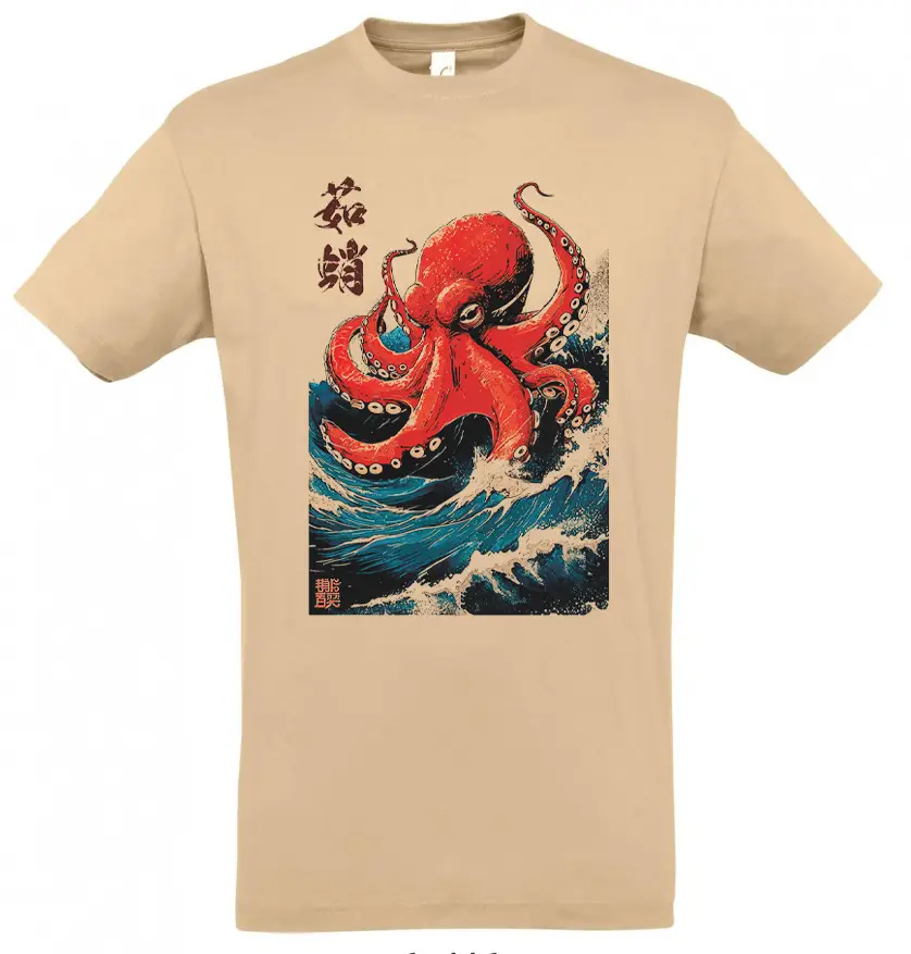 t-shirt sand Unisex t-shirt με στάμπα χταπόδι σε μπεζ (sand) χρώμα, ιαπωνικό design Octopus Wave
