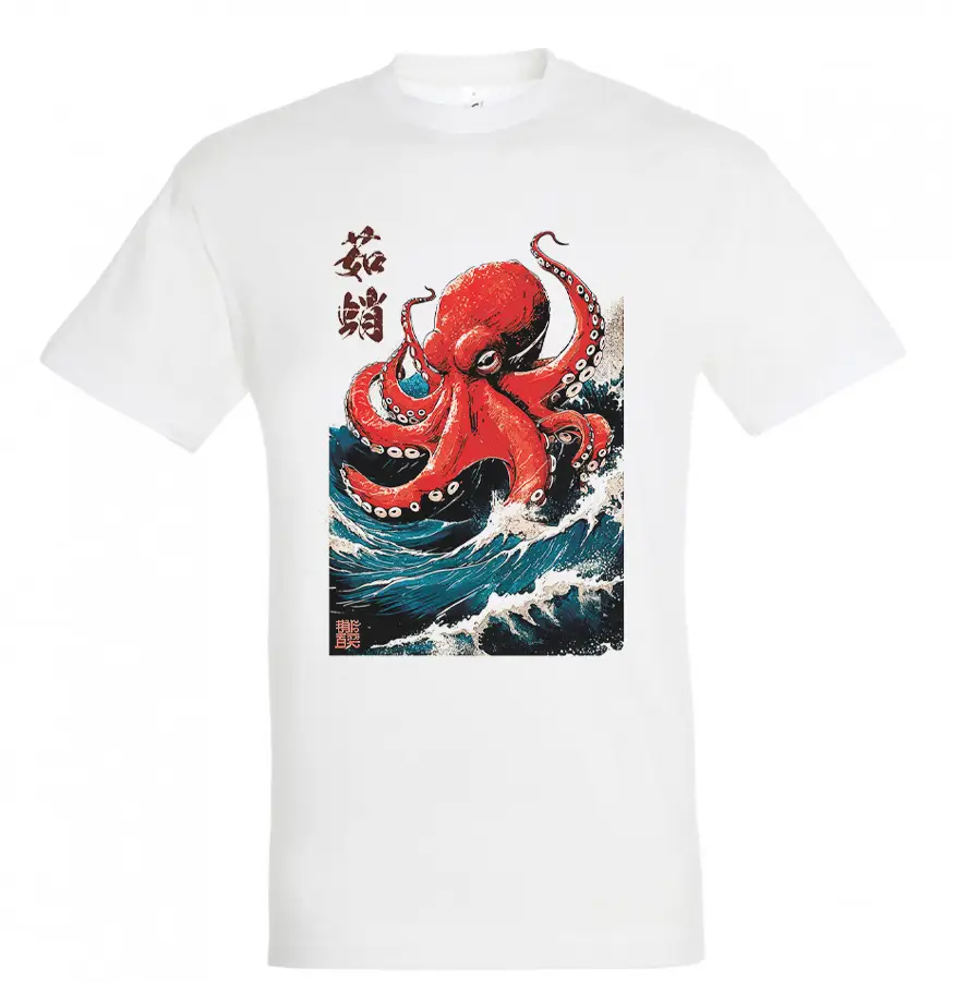 t-shirt white Λευκό unisex t-shirt με στάμπα χταπόδι, ιαπωνικό art design σε στιλ ukiyo-e