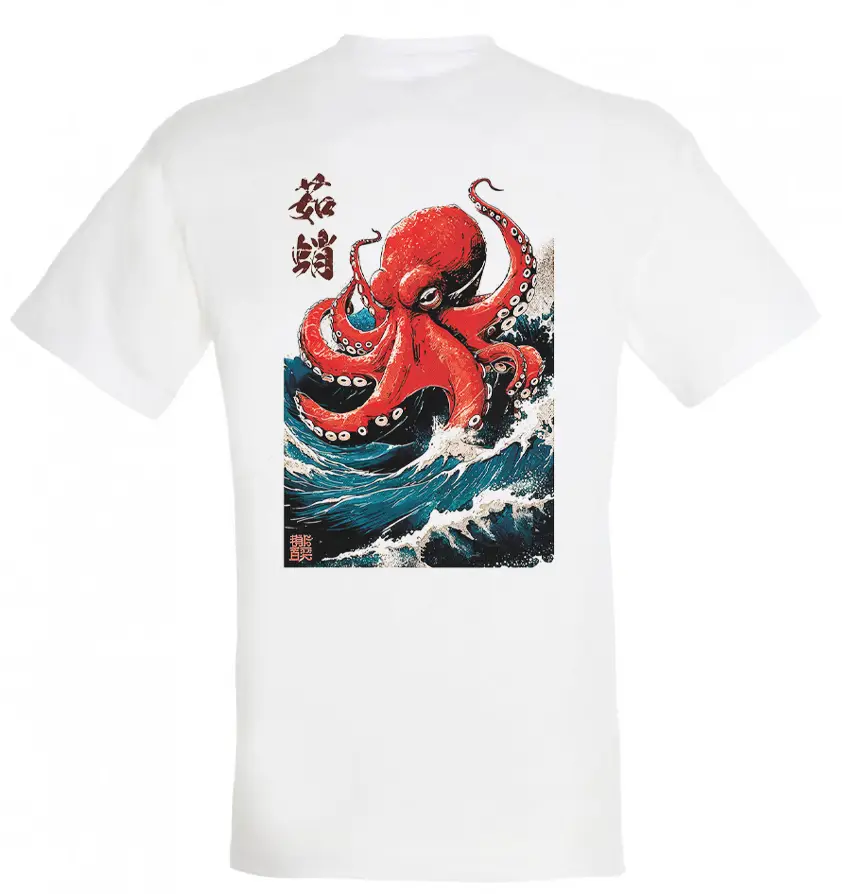 t-shirt white Πίσω όψη λευκού t-shirt με στάμπα χταπόδι και κύματα, Stabastic streetwear